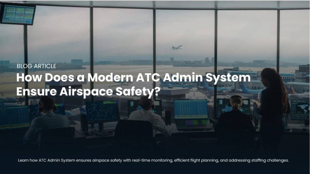 Air traffic controllers monitoring flight operations from an ATC control tower with multiple screens and a view of the airport runway