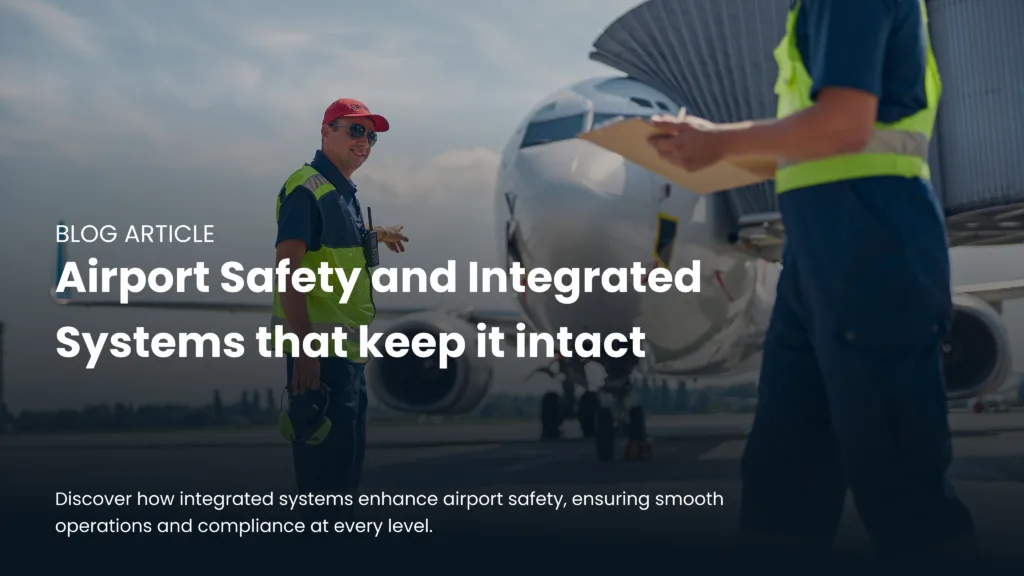Ground crew coordinating near aircraft, illustrating integrated systems and real-time checks for enhanced airport safety.